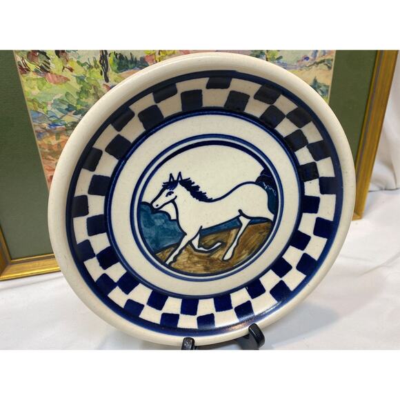 Debbie Dean Pottery HORSE Checkerboard Bowl Folk Art Primitive 8.5" - Picture 2 of 6